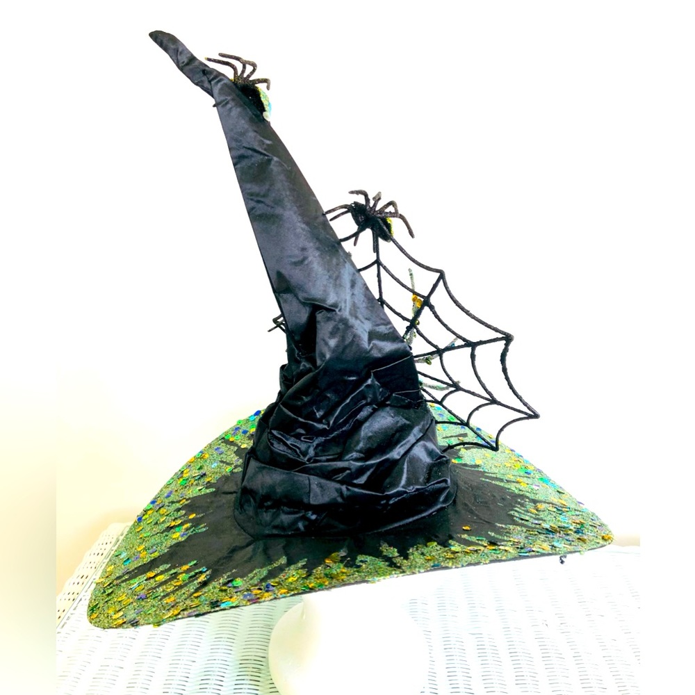 WITCH HAT Black satin green Sparkles crawling with spiders & Lg web 1 Of a kind - Picture 5 of 16